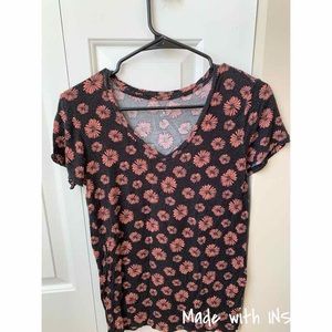 Navy and coral flower v neck